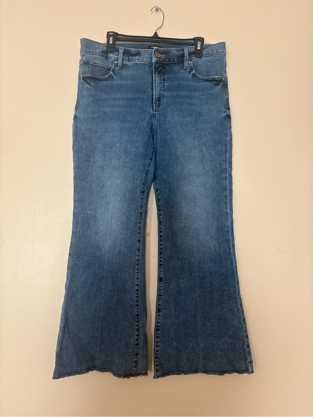 Express Blue Denim Flare Jeans with Raw Hem